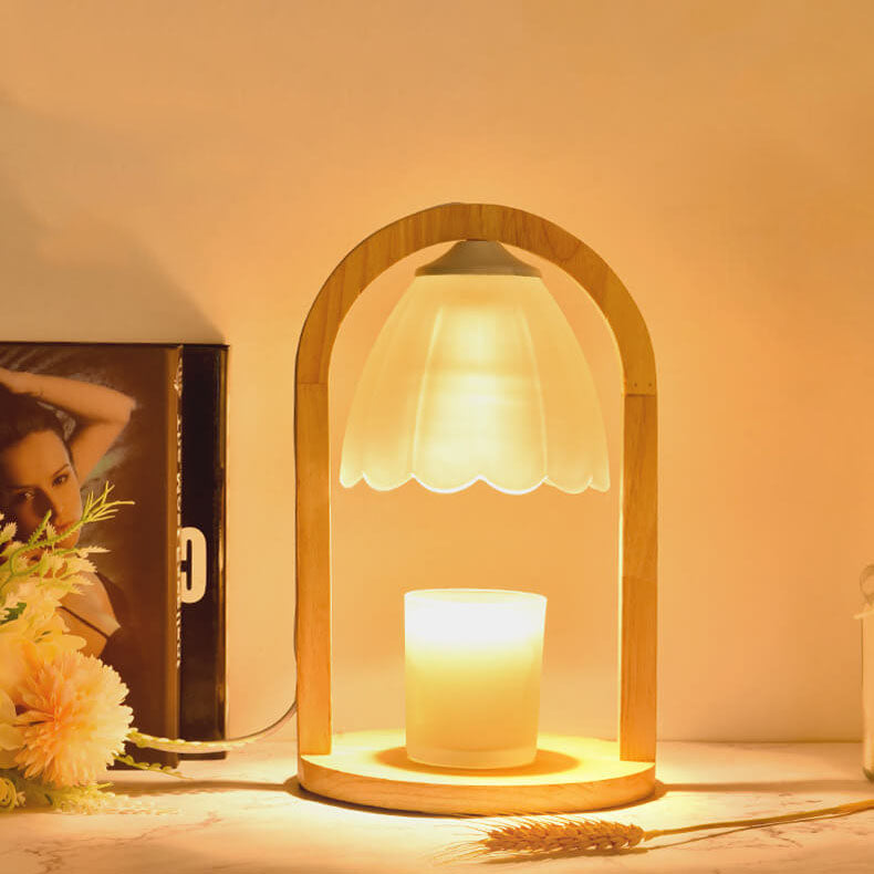 Lampe de Table à Cire Fondue avec Abat-jour en Verre et Anneau en Bois Moderne à Intensité Variable 1 Lumière 
