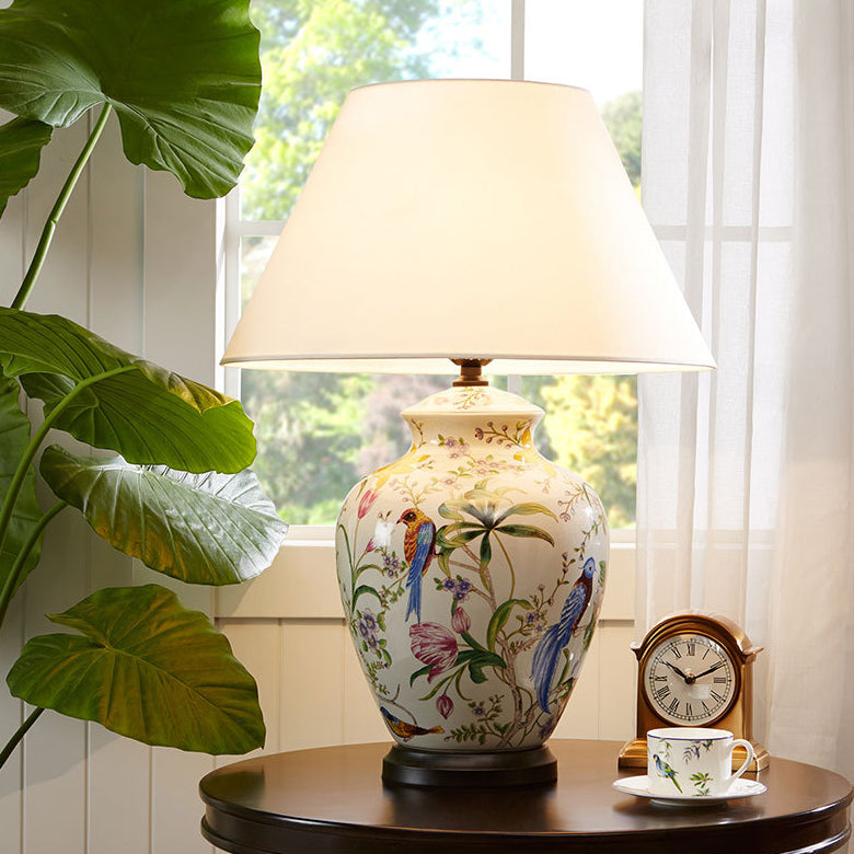 Lámpara de Mesa de 1 Luz con Diseño Retro Moderno de Cerámica Idílica de Flores y Pájaros 