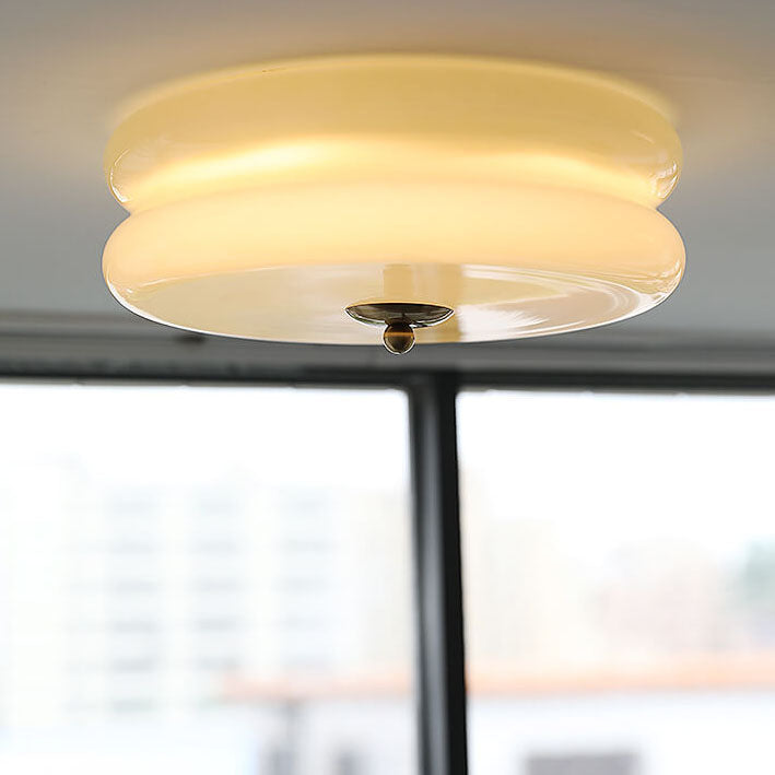 French Minimalist Cream Glass Round LED Flush Mount Ceiling Light