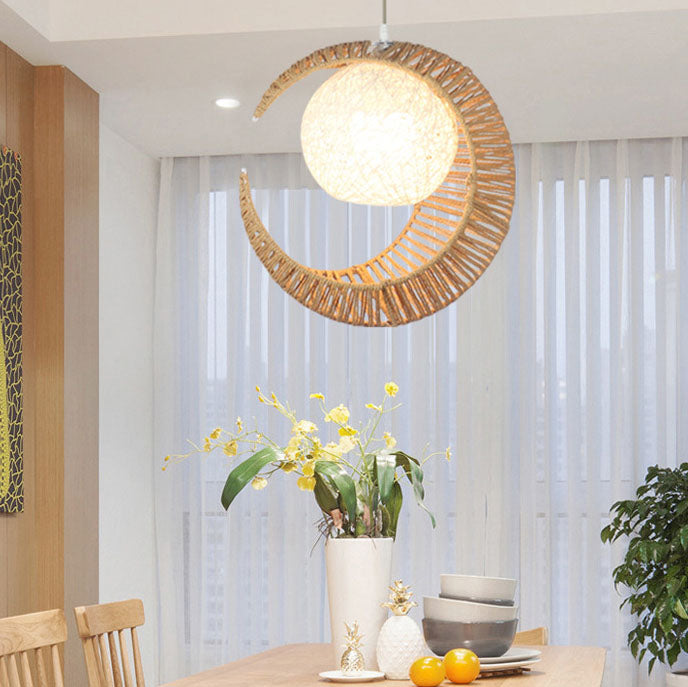 Japanische kreative Moon Rattan Weaving 1-Licht-Pendelleuchte 