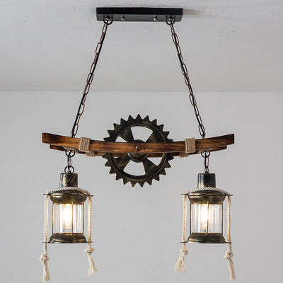 Retro Industrial Gear Iron Wooden Twine 2-Light Island Light Chandelier