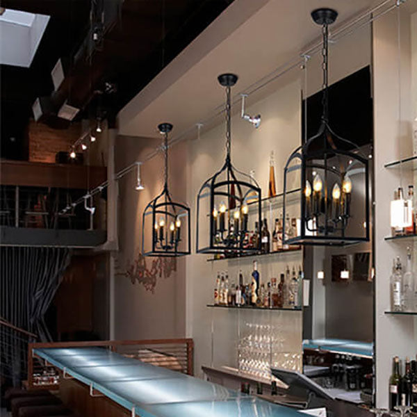 Lámpara de araña contemporánea industrial de 4 luces con jaula cuadrada de hierro y vidrio para salón 