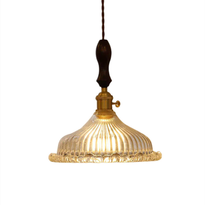 Traditionelle Vintage-Pendelleuchte mit Glas-Blumenschirm, Messing und Walnussholz, 1-flammig, für das Wohnzimmer 