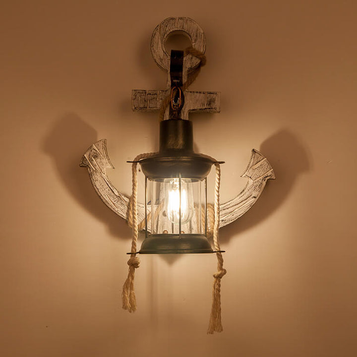 Aplique de pared de 1 luz con ancla de barco vintage industrial de madera maciza 