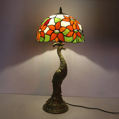 European Tiffany Stained Glass Round Peacock Resin Base 1-Light Table Lamp