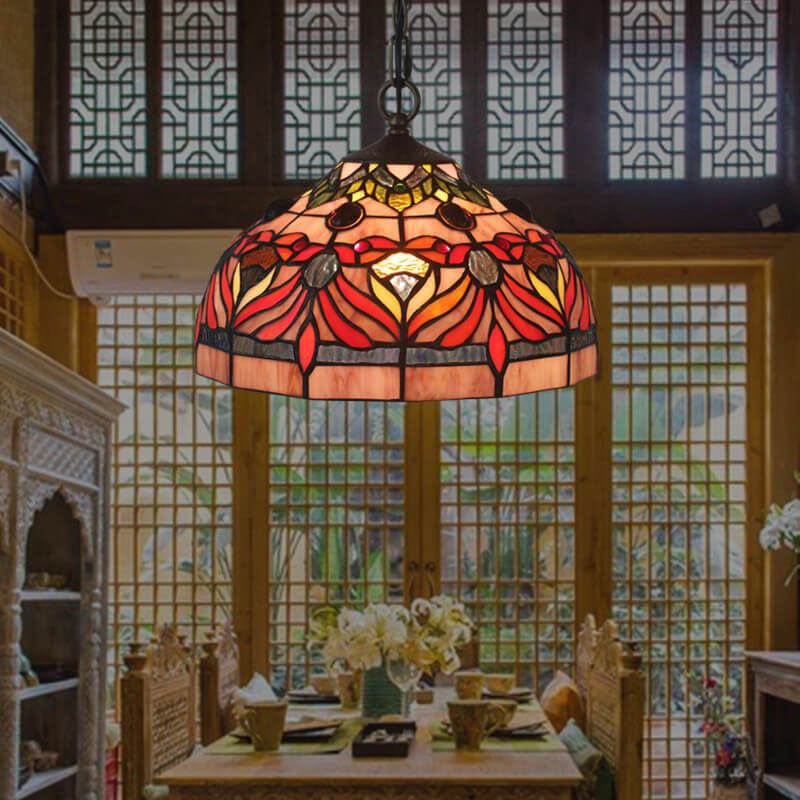Vintage Tiffany Red Flower Stained Glass Dome 1-Light Pendant Light