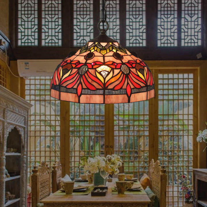 Vintage Tiffany Red Flower Stained Glass Dome 1-Light Pendant Light