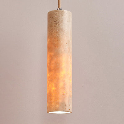 Modern Minimalist Cylindrical Natural Yellow Travertine 1-Light Pendant Light For Bedroom