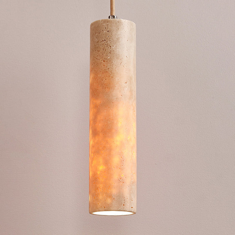 Modern Minimalist Cylindrical Natural Yellow Travertine 1-Light Pendant Light For Bedroom