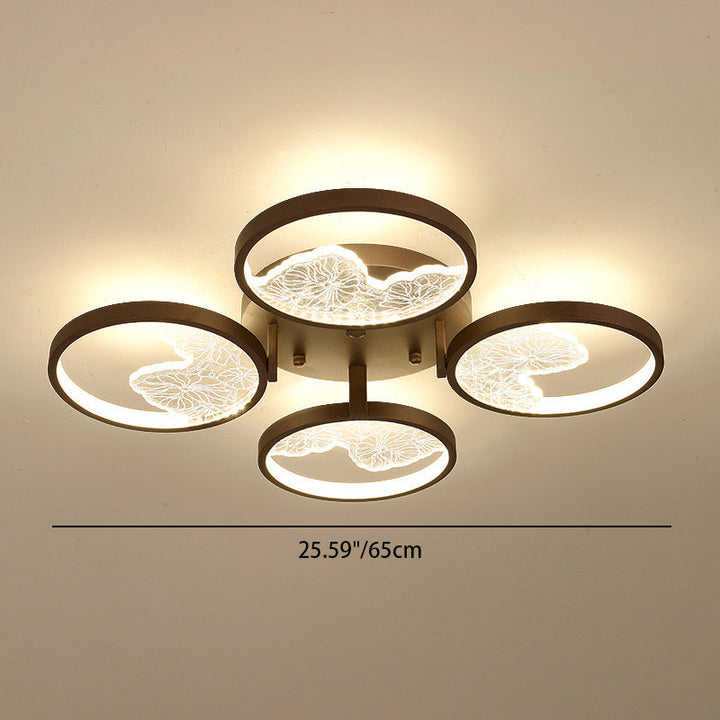Traditional Chinese Zen Iron Round Frame Acrylic Flower Pattern LED Semi-Flush Mount Ceiling Light For Living Room