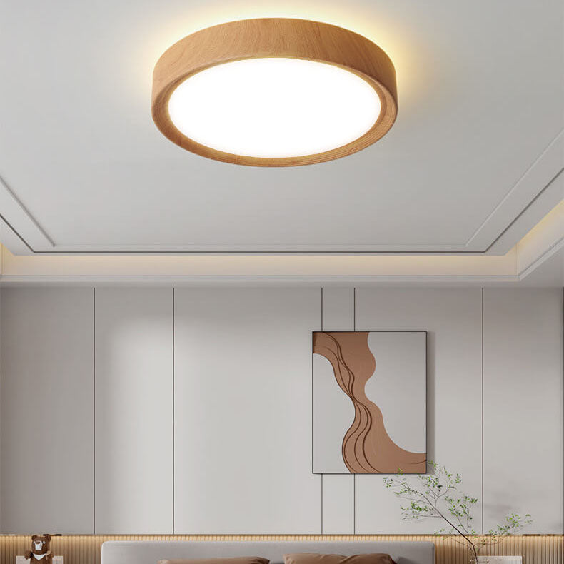 Modern Minimalist Round Wood Grain Iron Acrylic LED Flush Mount Light