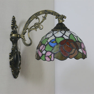 Vintage Tiffany Stained Floral Glass Dome 1-Light Wall Sconce Lamp