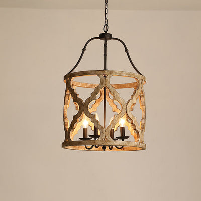 French Vintage Wooden Cylindrical Hollow Cage 4-Light Chandelier