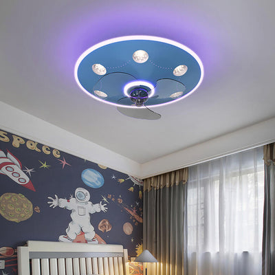 Modern Creative Cartoon UFO flying Saucer Round Iron Acrylic LED Kids Flush Mount Ceiling Fan Light