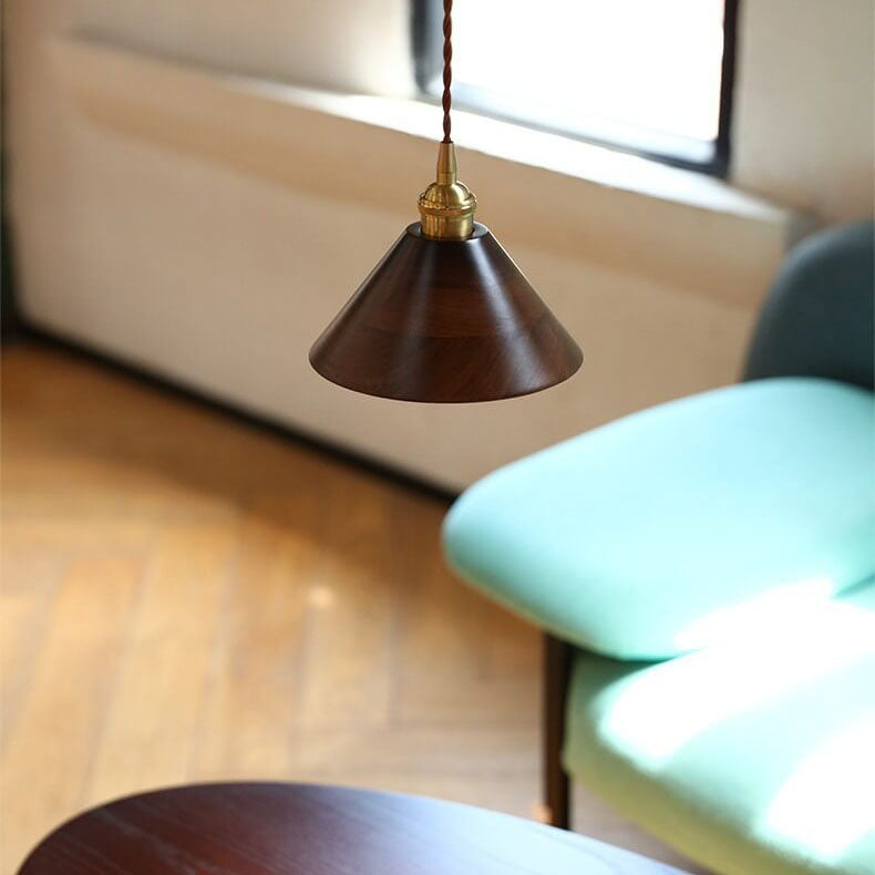 Japanese Vintage Walnut Brass Dome 1-Light Pendant Light