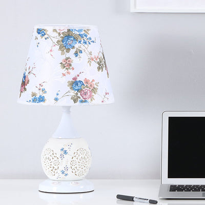 Chinese Minimalist Ceramic Floral Fabric Cone 1-Light Table Lamp