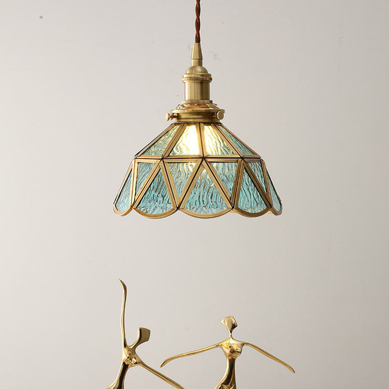 Contemporary Nordic Water Pattern Glass Copper Geometric Cone Brass 1-Light Pendant Light For Living Room