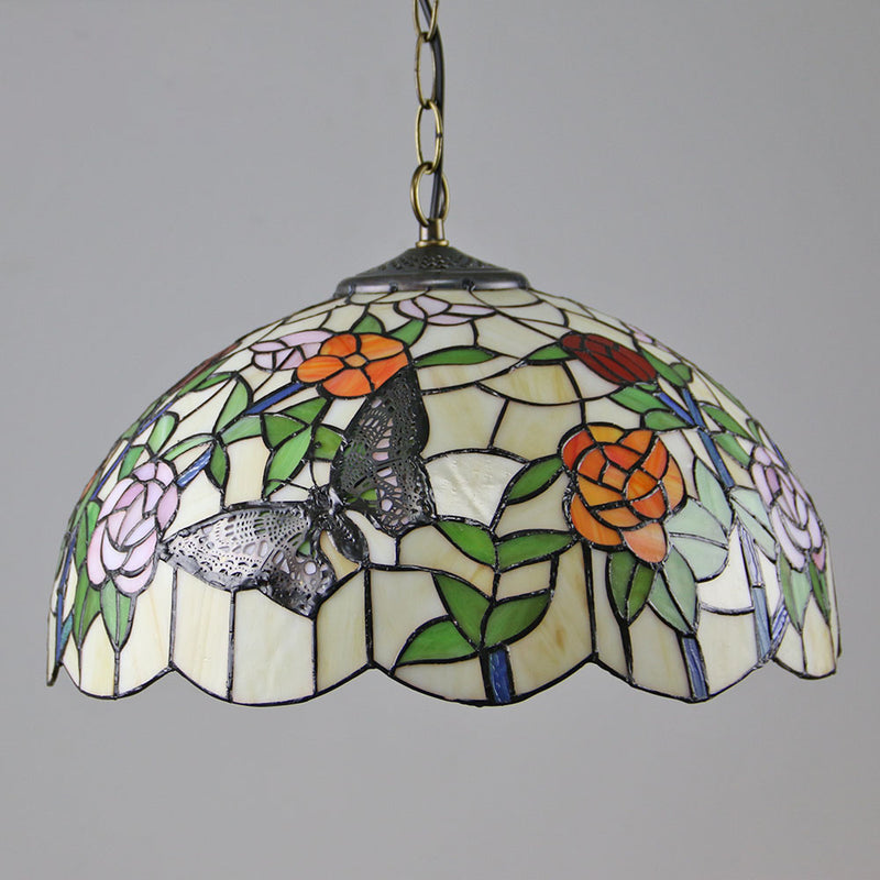 Vintage Tiffany Butterfly Rose Dome 1-Light Pendant Light