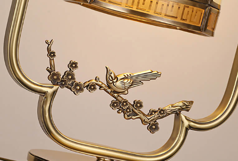 Lampe de table en verre chinois avec une lumière et sculpture en cuivre 