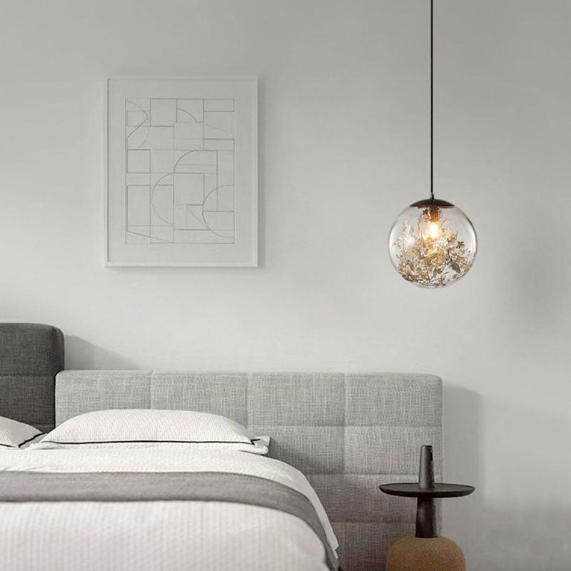 Modern Luxury Round Globe All Brass Glass 1-Light Pendant Light For Bedroom