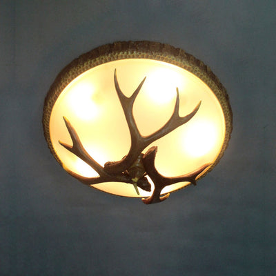 Vintage Industrial Antler Resin Glass Round  2/3/5 Light Flush Mount Ceiling Light