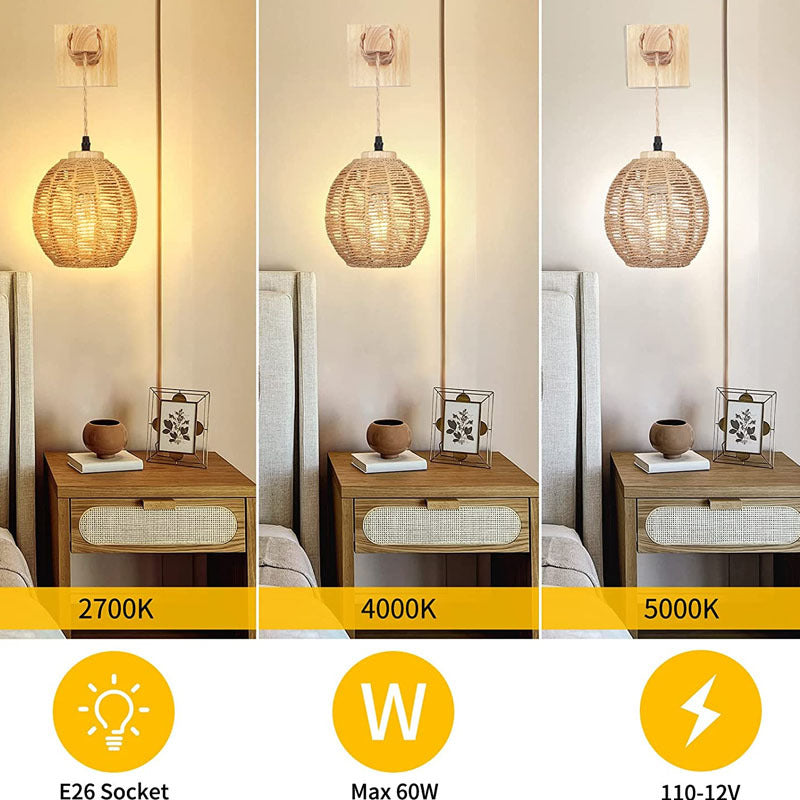 Zeitgenössische Boho Rattan Webkäfig Holzträger 1-Licht Wandleuchte für das Wohnzimmer 