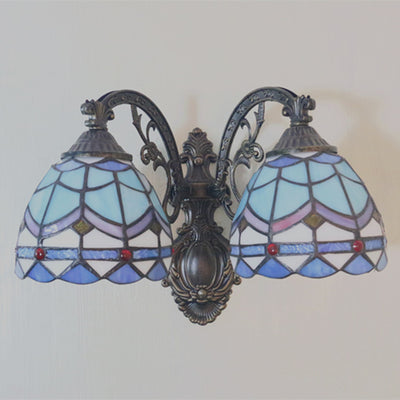 Vintage Tiffany Dome Glasmalerei 2-flammige Wandleuchte