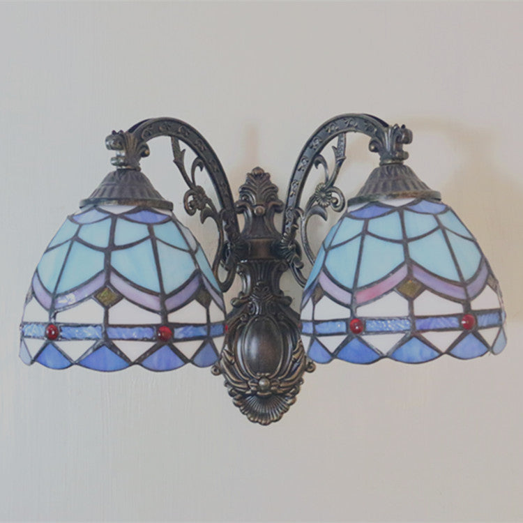 Vintage Tiffany Dome Stained Glass 2-Light Wall Sconce Lamp