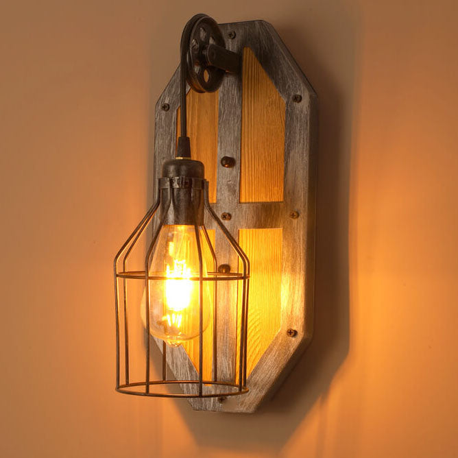 Vintage Industrial Wooden Roller Skating Iron Cone Cage 1-Light Wall Sconce Lamp