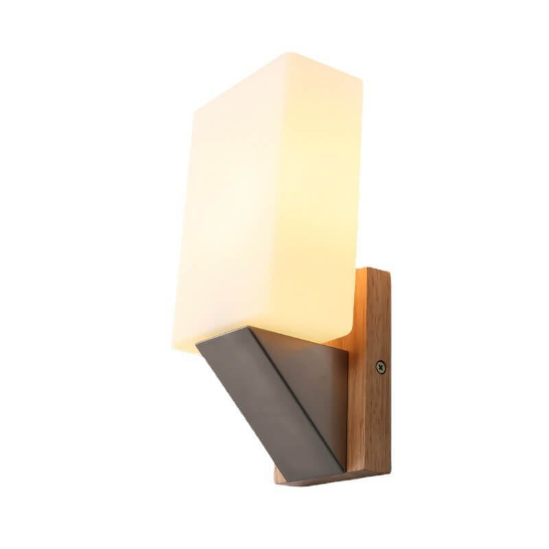 Lámpara Aplique de Pared de 1 Luz con Base de Madera Sólida y Vidrio Cuadrado Nórdico 