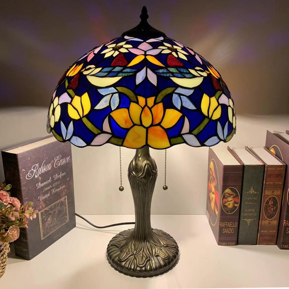 Lampe de table à 1 lumière en forme de fleur en vitrail en fer de luxe Tiffany 