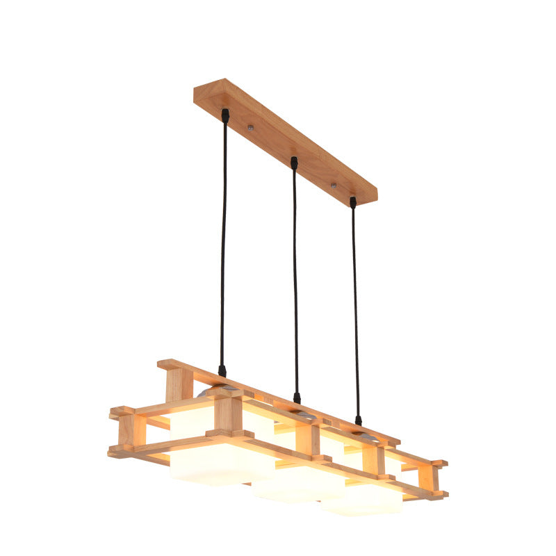 Japanese Simple Log Square Glass Wooden Frame 1/3 Light Chandelier