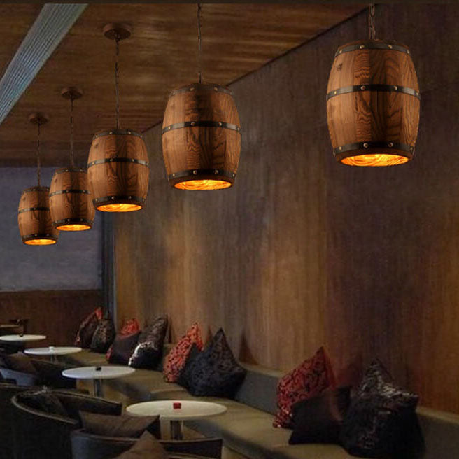 Lámpara colgante individual de 1 luz estilo barril de vino redondo rústico tradicional de hierro y madera para comedor 