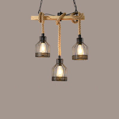 Industrial Vintage Twine Lantern Wood 3/5 Light Island Light Chandelier