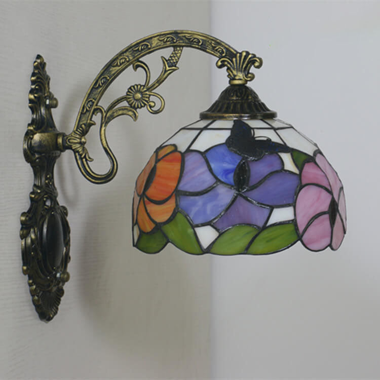 European Tiffany Butterfly Flower Stained Glass Dome 1-Light Wall Sconce Lamp