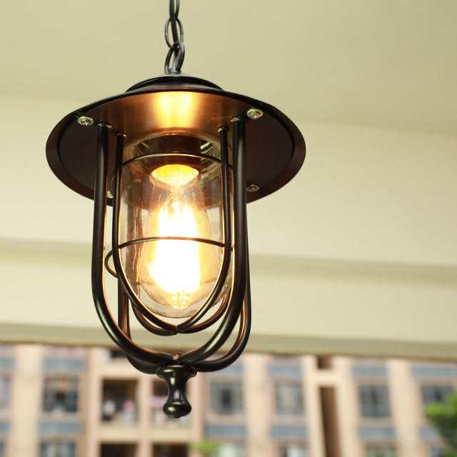 Zeitgenössische industrielle 1-flammige wasserdichte Außen-Pendelleuchte aus Aluminium und Glas im Käfigdesign für Wohnzimmer, Schlafzimmer &amp; Außenbereich 