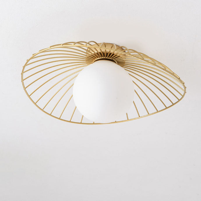 Contemporary Creative Iron Glass Straw Hat 1-Light Semi-Flush Mount Ceiling Light For Hallway