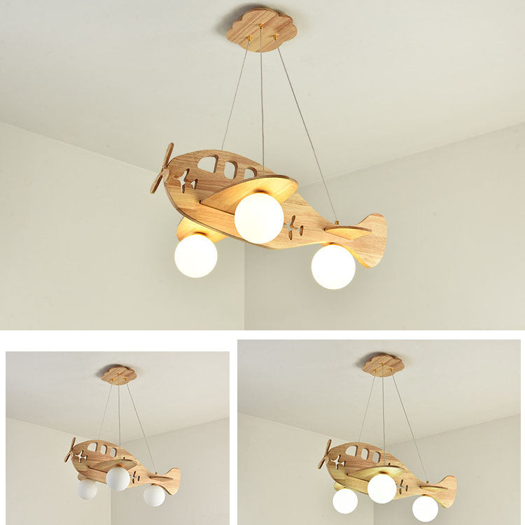 Contemporary Creative Solid Wood Glass Planes Magic Beans Cartoon Kids 3-Light Chandelier For Living Room &amp; Bedroom