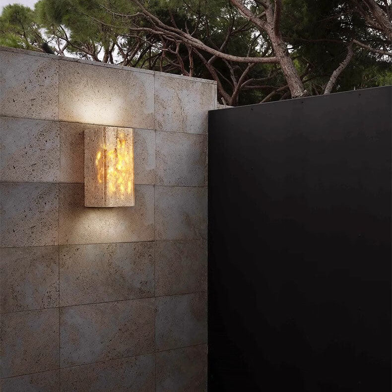 Lámpara Aplique de Pared LED Cuadrada Rectangular Minimalista Moderna de Travertino Amarillo para Patio Exterior 
