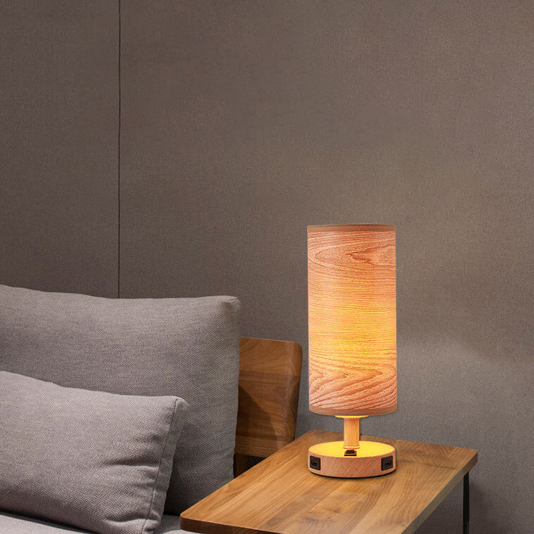 Moderne Tischlampe mit Holzmaserung Stoffschirm 1-Licht 
