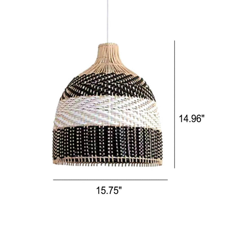 Modern Rattan Bamboo Black and White Dome 3-Light Chandelier