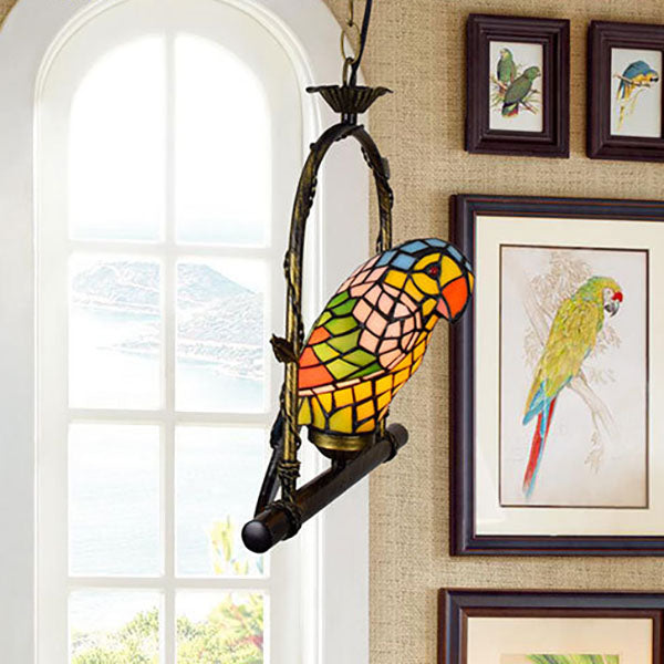 Tiffany Vintage Parrot Hardware Stained Glass 1/3 Light Chandelier