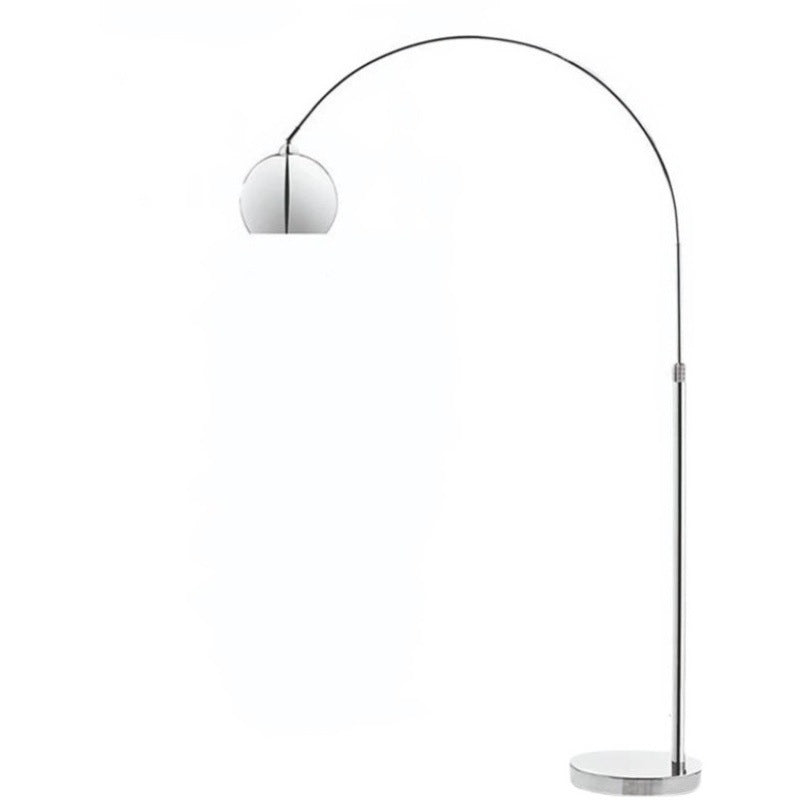 Moderne nordische Stehlampe aus Edelstahl und Eisen in Angelruten-Optik mit kuppelförmigem Rundschirm, 1-flammig, für das Schlafzimmer 