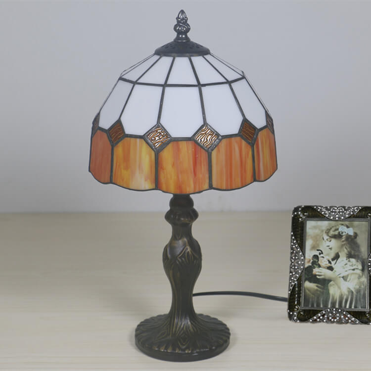 Vintage Tiffany Gemstone Stained Glass Round 1-Light Table Lamp