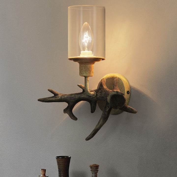 Contemporary Industrial Antler Resin Glass Cylinder 1-Light Wall Sconce Lamp For Living Room &amp; Bedroom