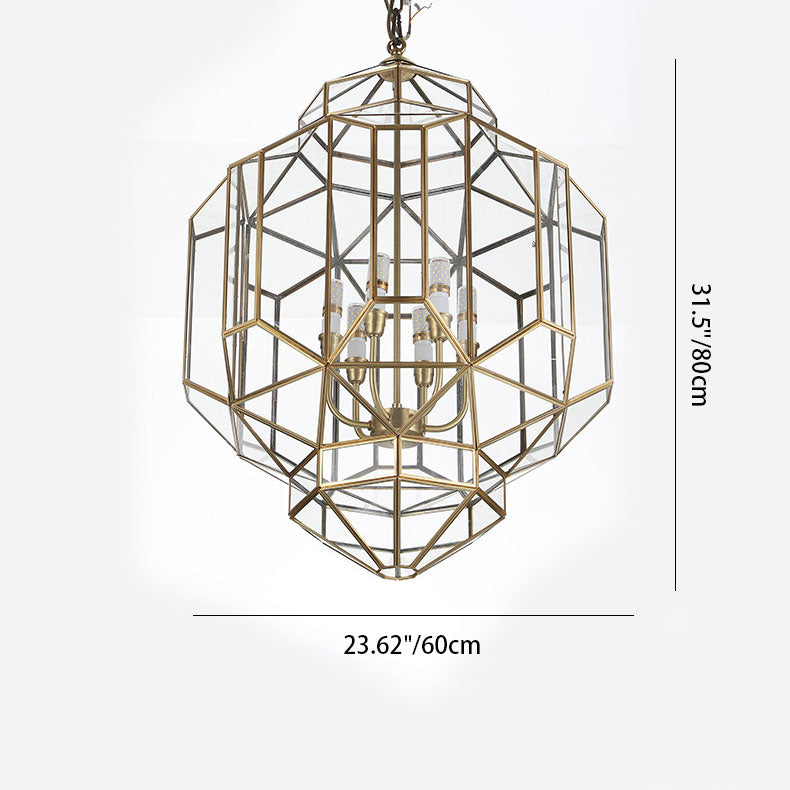 Modern Mid-Century Brass Finish Geometric Polygonal Frame Candelabra 6-Light Chandelier For Entryway