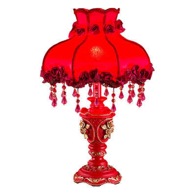 European Wedding Red Fabric Tassel Resin 1-Light Table Lamp