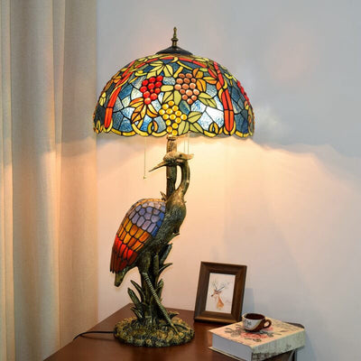 Tiffany Vintage Crane Base Colored Grape Glass Lampshade Design 3-Light Tischlampe