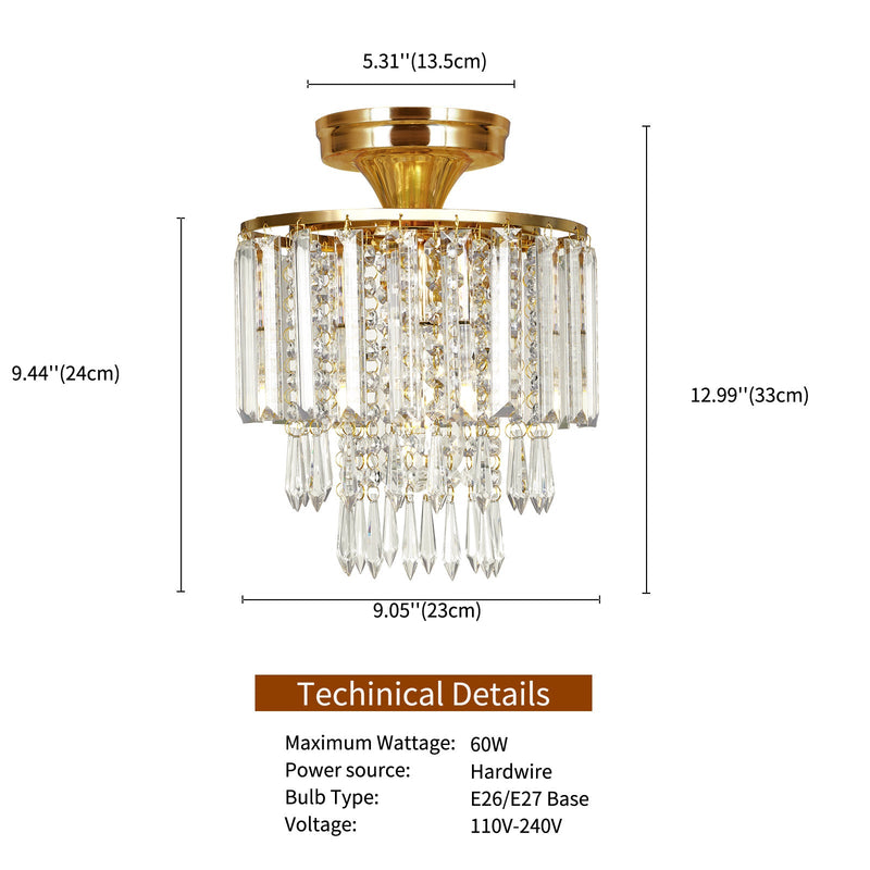 Modern Minimalist Round Tassel Iron Crystal 1-Light Semi-Flush Mount Ceiling Light For Living Room