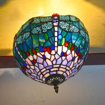 Vintage Tiffany Stained Glass Bowl 2-Light Semi-Flush Mount Ceiling Light